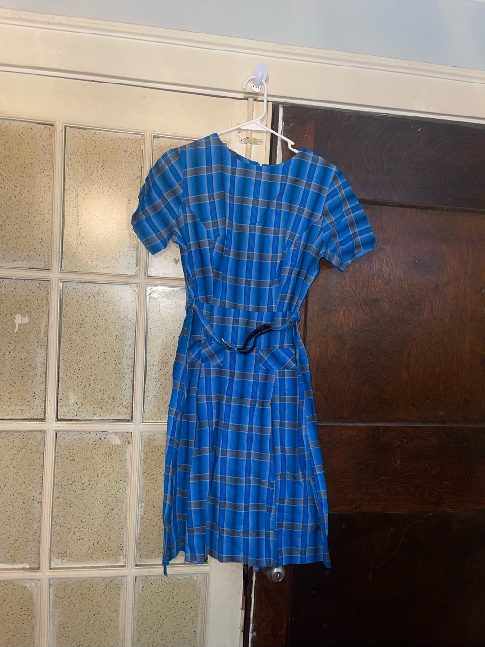 Vintage Patti Queen Blue Plaid Short-Sleeve Belted Dress - Size 14 1/2/Small